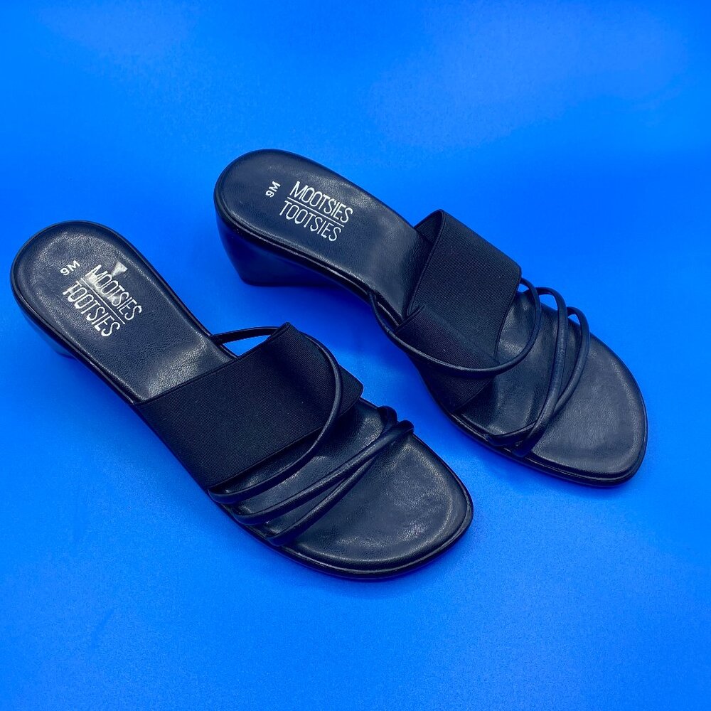 Women's Mootsie Tootsie Open Toe Slip-On Low Heel Black Wedge Shoe Size 9M